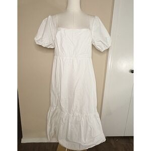 ASTR The Label Poplin Puff Sleeve Midi Tiered Dress White Sz XL 100% Cotton